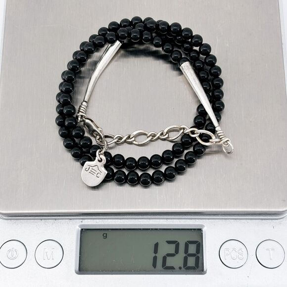 Vintage JC Sterling Silver 925 Onyx Beaded Necklace 17"-19" - Picture 3 of 4